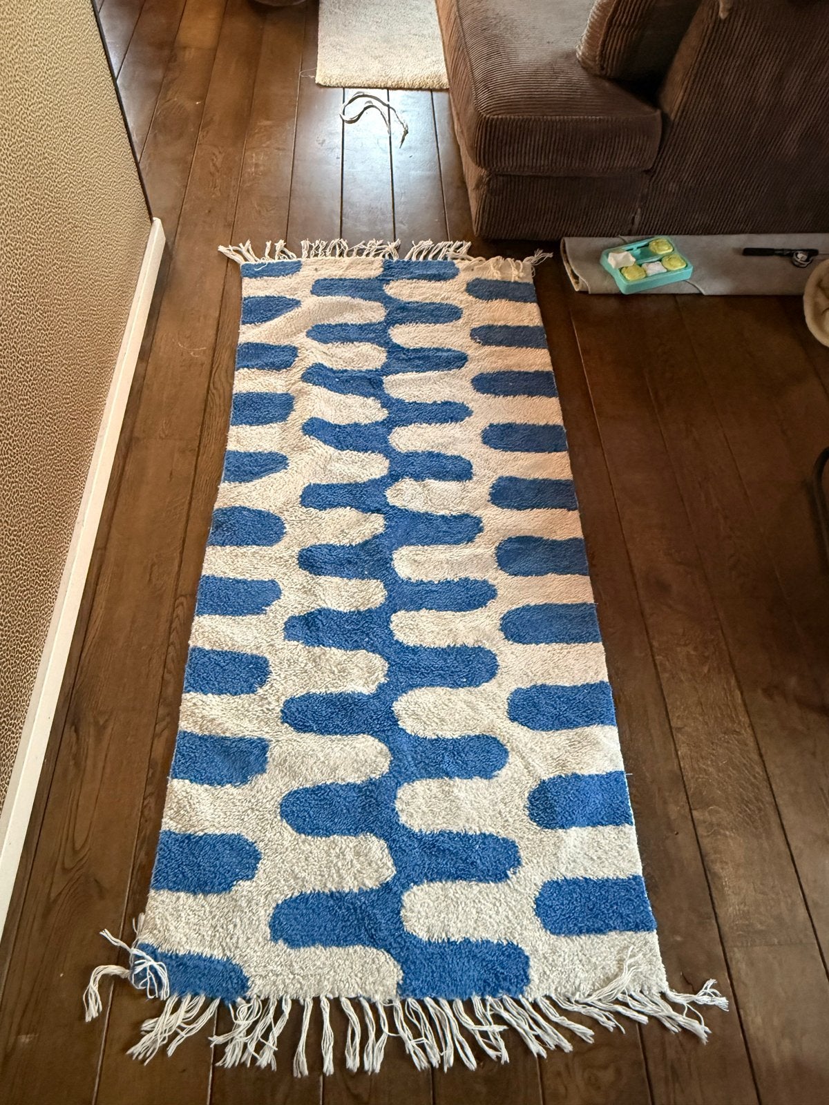 Vloerkleed Kwantum blauw wit met franjes, Ophalen, Gebruikt, Blauw, 50 tot 100 cm