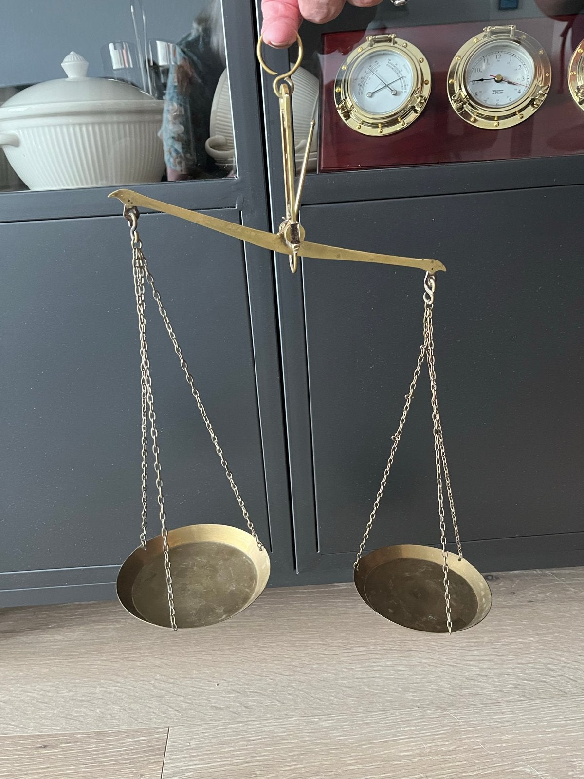 Antieke koperen goudweger met gewichtjes en ophangketting, Antiek en Kunst, Antiek | Koper en Brons, Ophalen of Verzenden, Koper