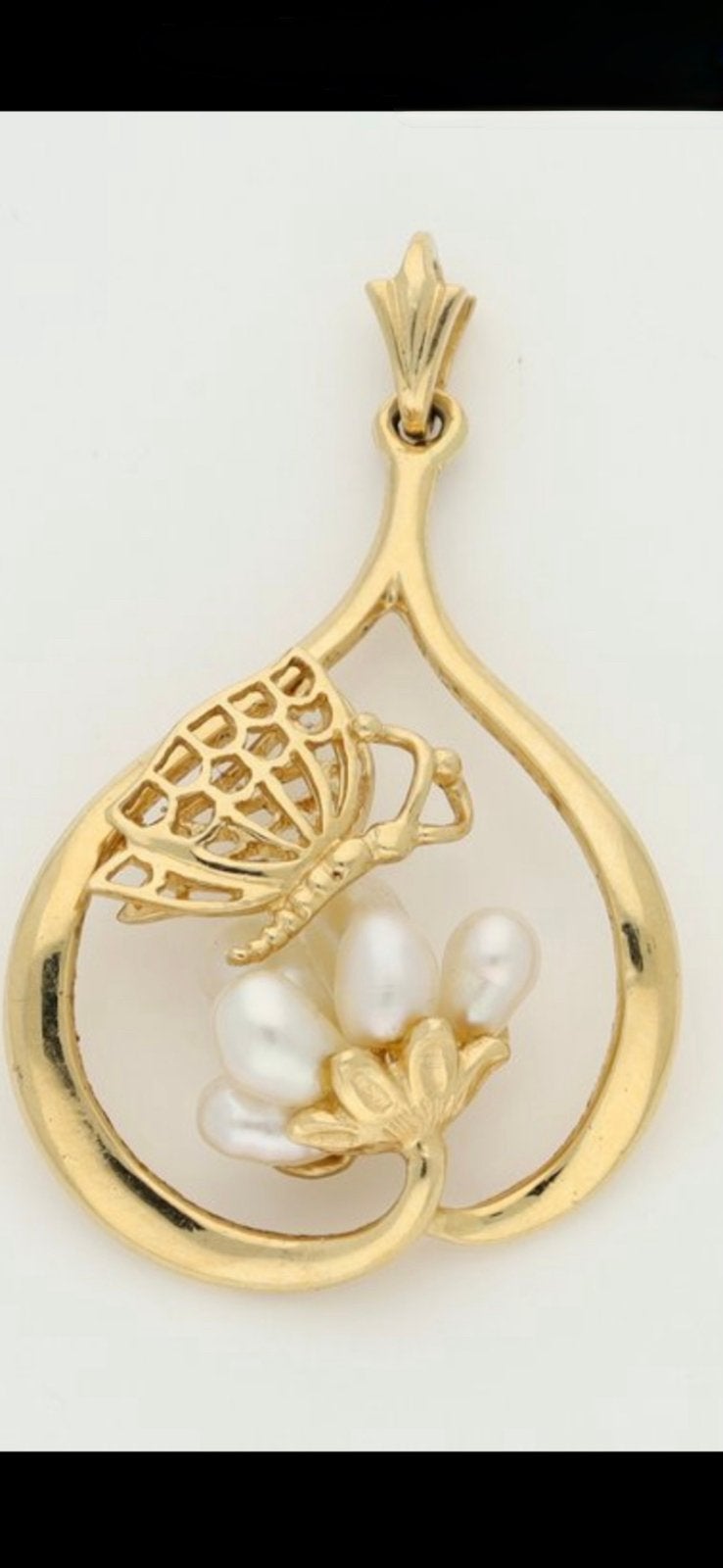 Hanae Mori "Kiss of the Golden Butterfly" 14k Gouden Hanger, Ophalen of Verzenden, Zo goed als nieuw, Met parel, Goud