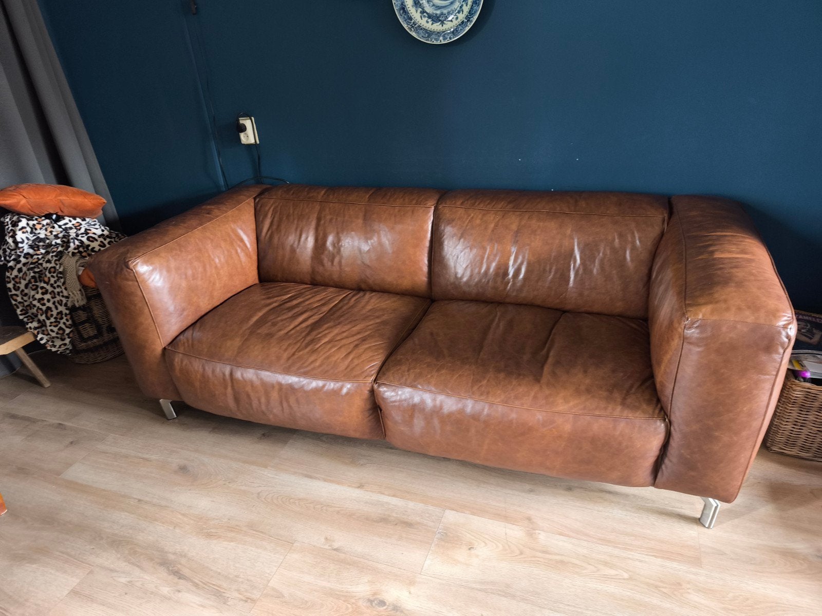 Stoere robuuste bruin lederen bank loungebank, Huis en Inrichting, Gebruikt, Driepersoons, Ophalen of Verzenden, 200 tot 250 cm
