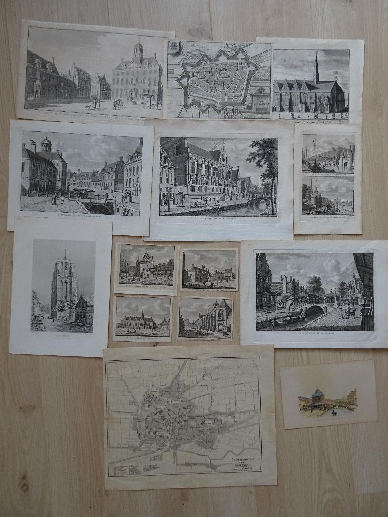 originele gravures en lithos Leeuwarden Friesland 18e eeuw, Antiek en Kunst, Verzenden, Stadsgezicht, Gravure, Origineel