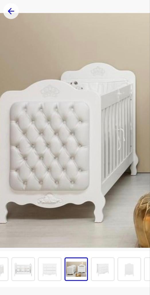 Luxe babybedje met gestoffeerd hoofdeinde en kroon details, Gebruikt, 70 tot 85 cm, 140 tot 160 cm, Ophalen