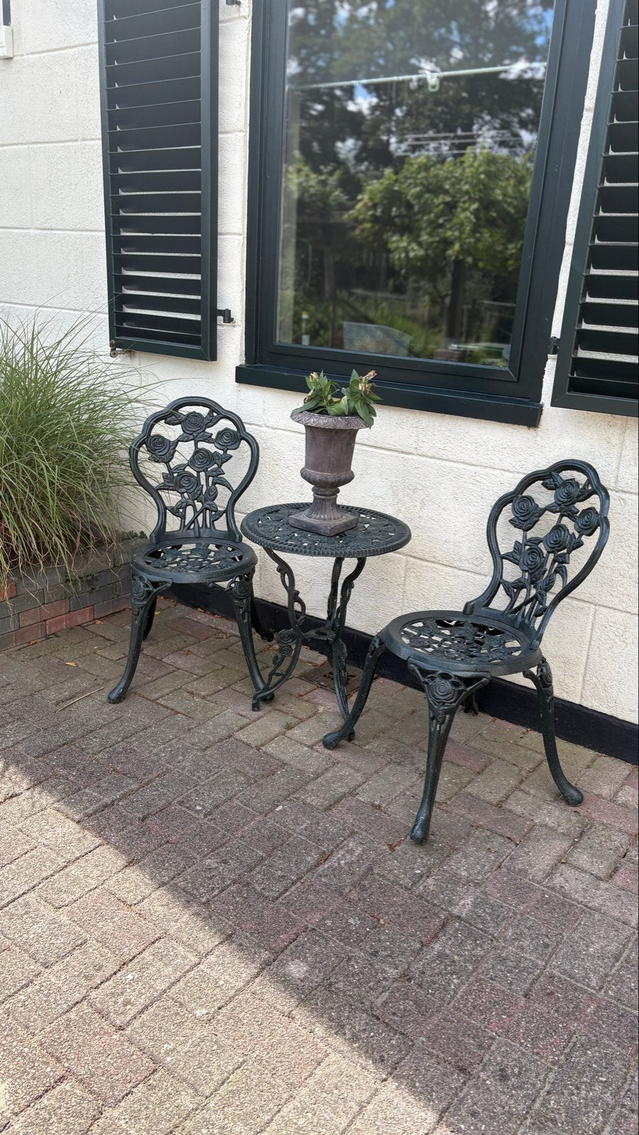 Antieke frans gietijzeren bistro set - 2 stoelen en tafel, Ophalen, Gebruikt, Metaal