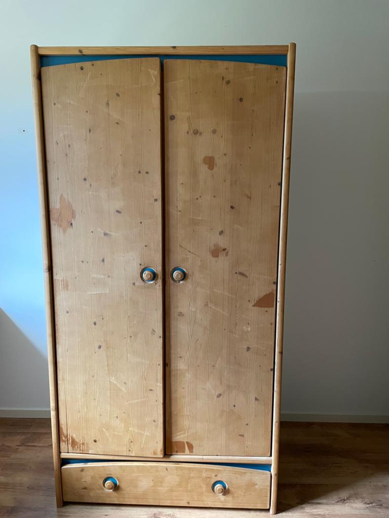 Grenen kledingkast met lade en planken, Ophalen, Gebruikt, 50 tot 100 cm, Met lade(s)