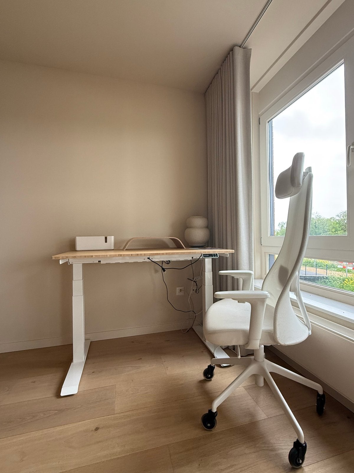 Electric standing desk with bamboo tabletop – FlexiSpot E7, Ophalen, Zit-sta bureau, Elektrisch, Hout