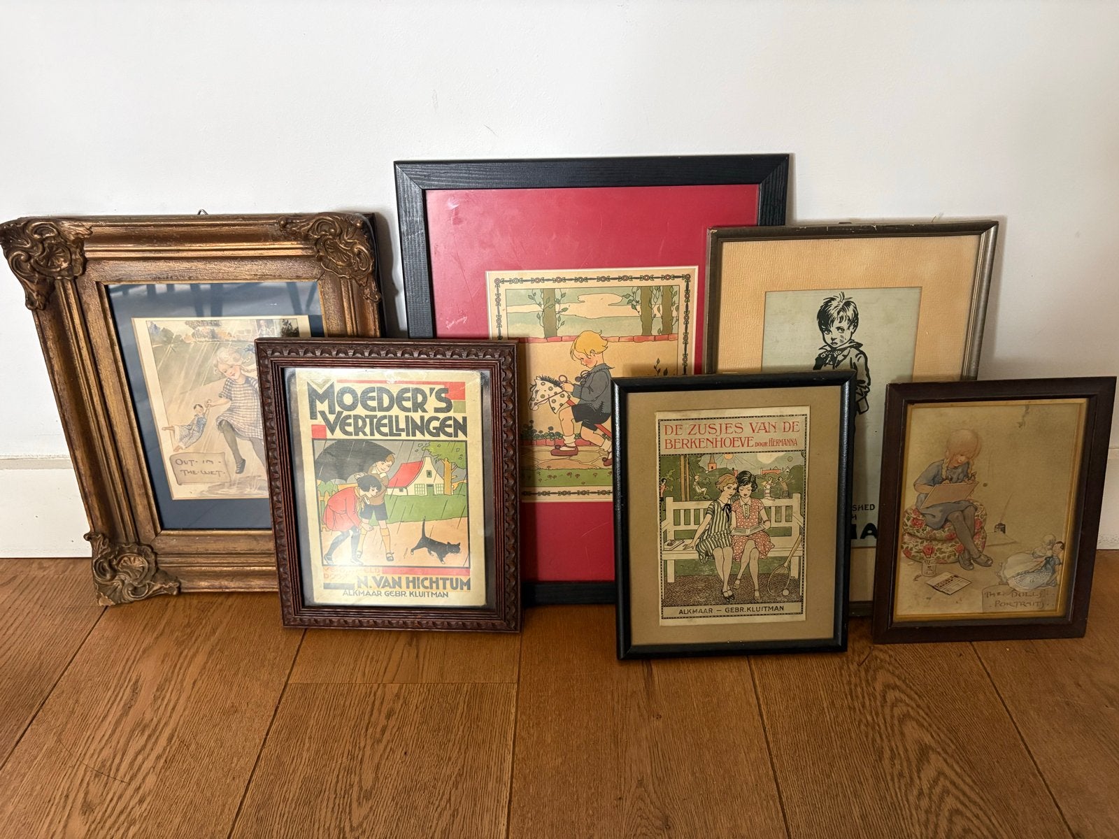 Vintage ingelijste kinderprenten en illustraties (7 stuks), Ophalen of Verzenden, Print, Prent, Achter glas