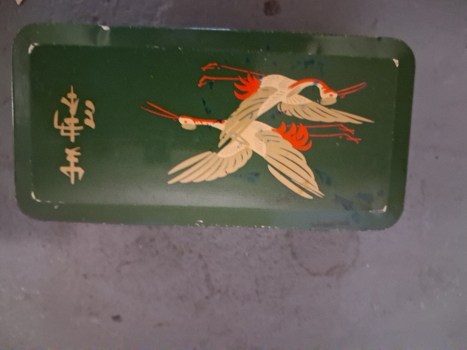 Vintage Groene Blikken Doos met Kraanvogels, Ophalen