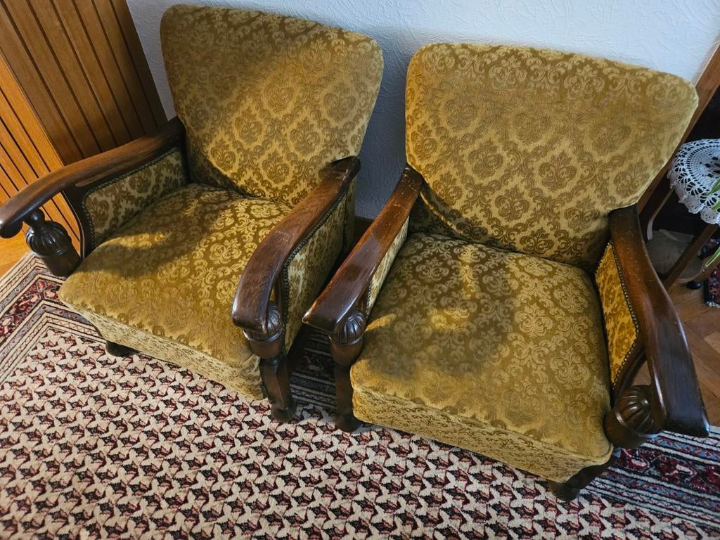 Te koop teab 2 stoffen vintage fauteuils., Huis en Inrichting, Ophalen, Gebruikt, 75 tot 100 cm, 50 tot 75 cm