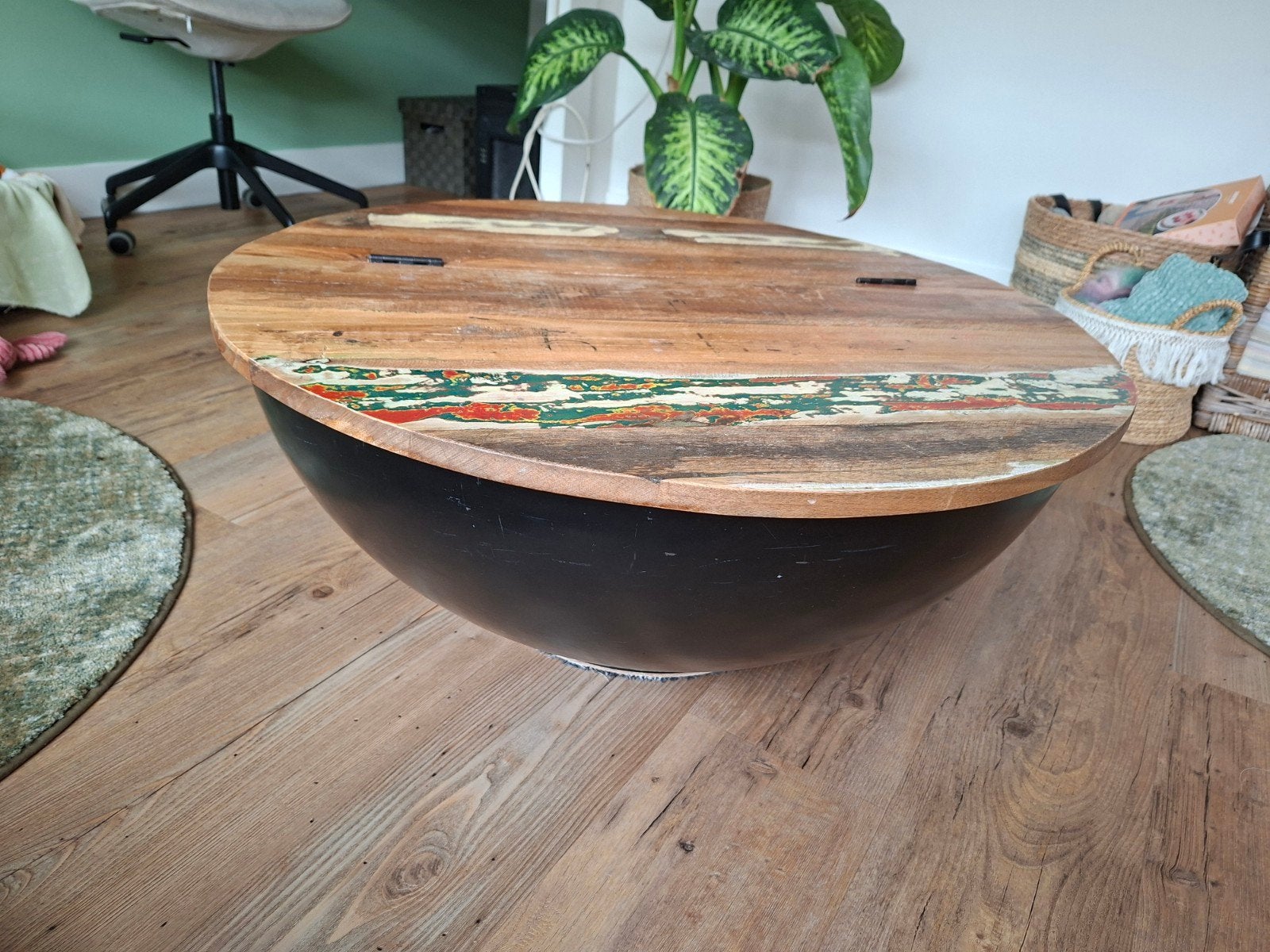 Salontafel met opbergruimte - Hout en Zwart Metaal, Gebruikt, Rond, 50 tot 100 cm, Ophalen