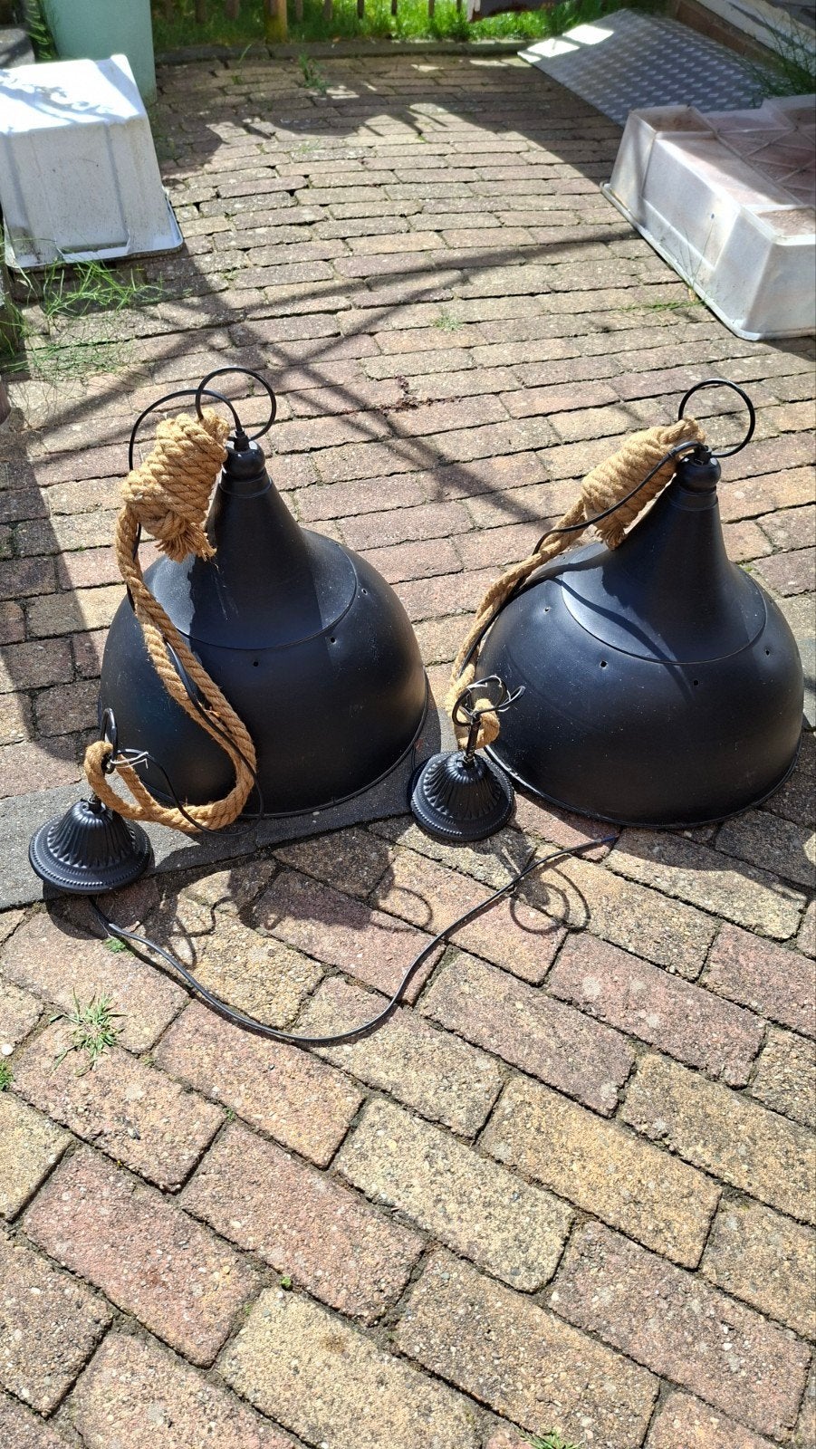 Set van 2 industriële hanglampen met touw, zwart, Ophalen, Gebruikt, E27 (groot), Natuurlijk materiaal