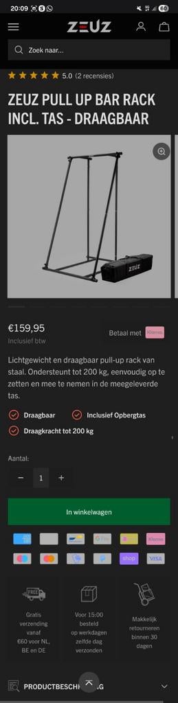 ZEUZ Pull-Up Bar Rack - Draagbaar & Inclusief Tas, Ophalen, Zo goed als nieuw