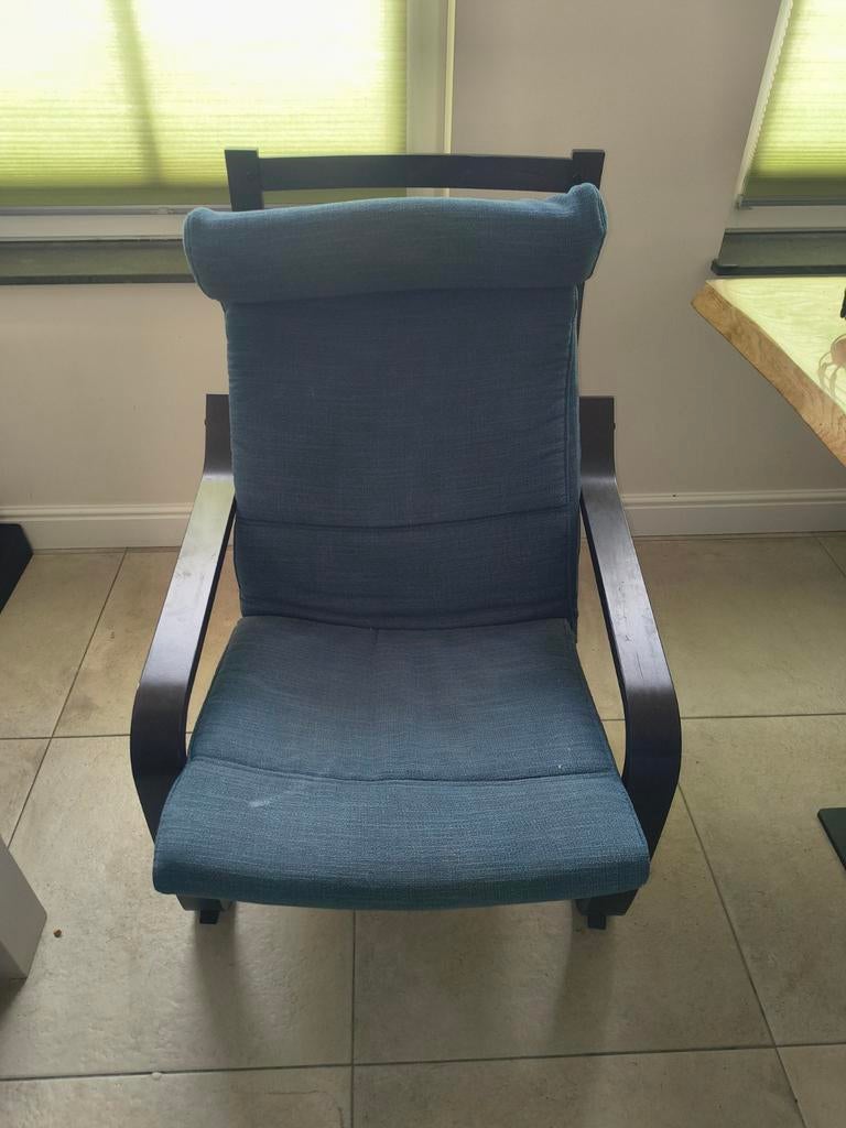 IKEA Poäng stoel met donkerbruin frame en blauwe hoes, Gebruikt, Blauw, Ophalen of Verzenden, Stof