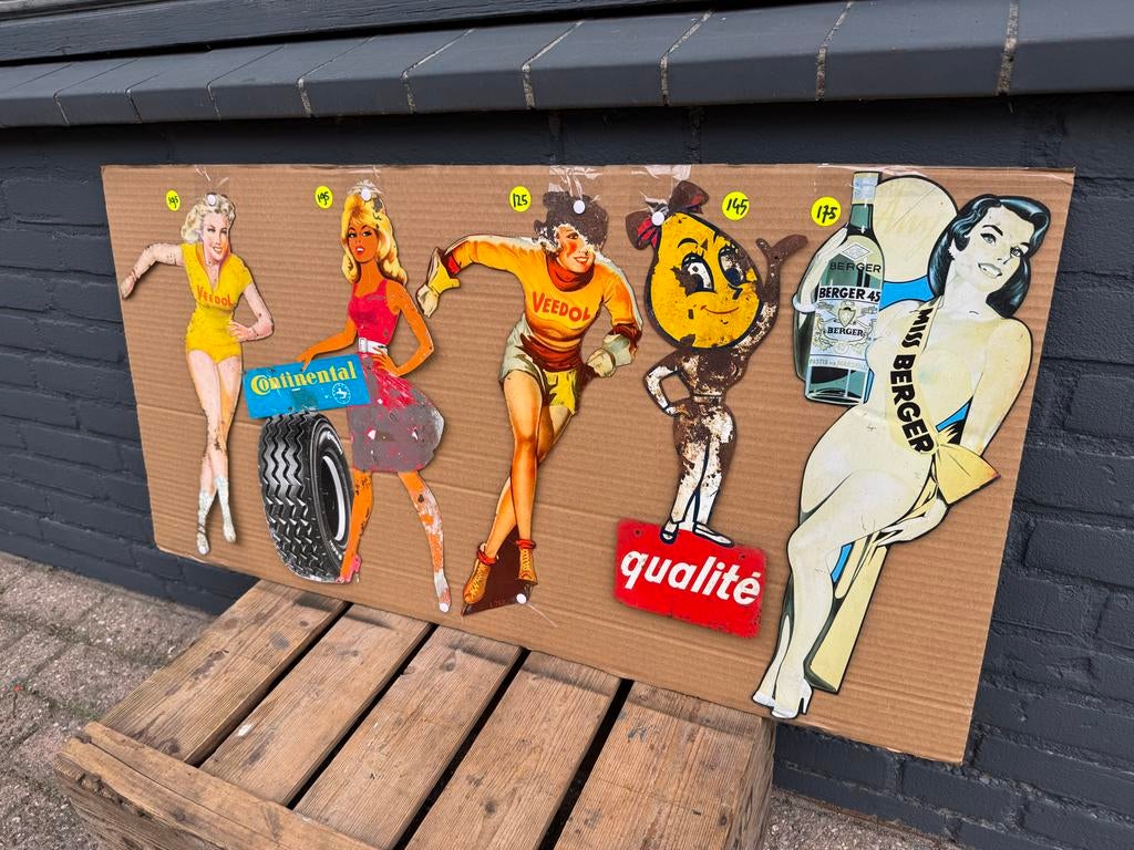Vintage Reclamebord: Veedol, Continental, Miss Berger, Verzamelen, Merken en Reclamevoorwerpen, Reclamebord, Gebruikt, ., Ophalen of Verzenden