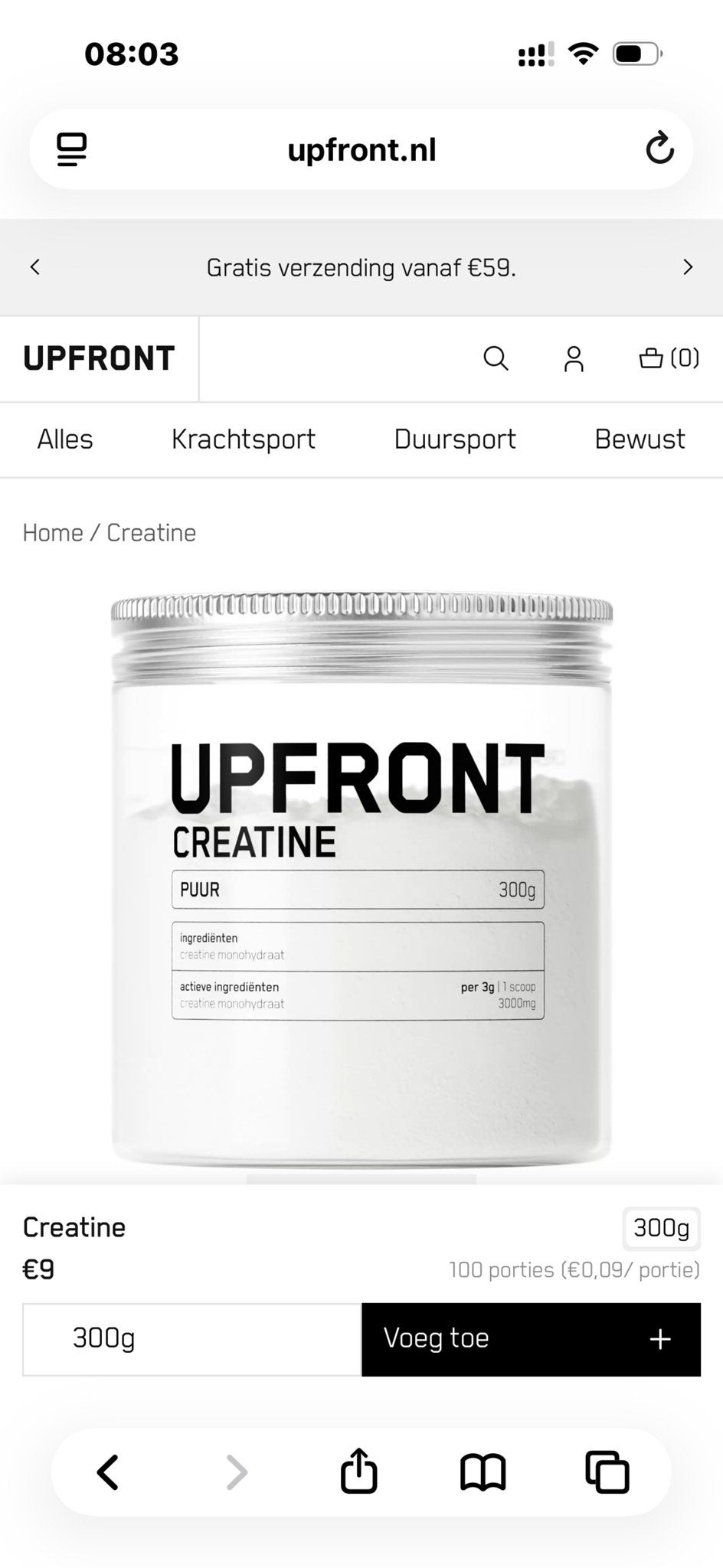 UPFRONT Creatine Monohydraat Poeder - 300g, Ophalen of Verzenden, Nieuw, Poeder of Drank