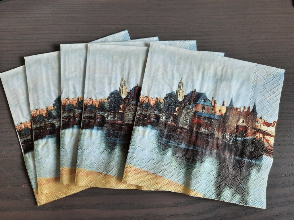 servetten (5x)  gezicht op Delft vermeer decoupage hobby, Nieuw, Meerkleurig, Papier of Karton, Overige merken