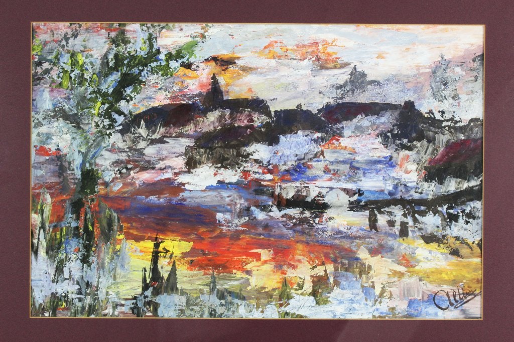 Modern abstract schilderij olieverf op papier gesigneerd, Ophalen of Verzenden