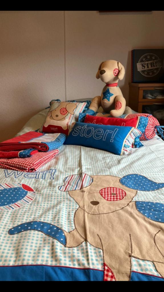 Groot Lief! Stoer pakket: beddengoed, kussens, hond en…, Gebruikt, Dekbedovertrek, Ophalen of Verzenden, Jongetje of Meisje