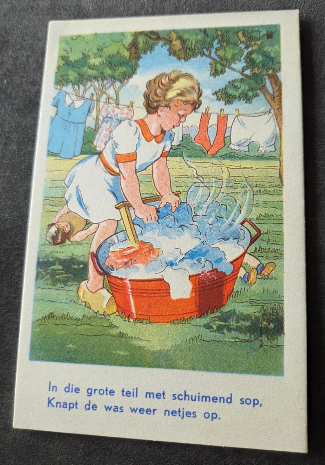 Meisje doet de was - met versje, Verzenden, 1940 tot 1960, Ongelopen, Kinderen
