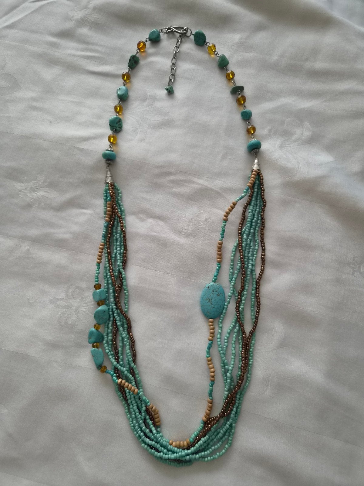 Turquoise en Amberkleurige Kralenketting, Sieraden, Tassen en Uiterlijk, Kettingen, Gebruikt, Blauw, Verstelbaar, Ophalen of Verzenden