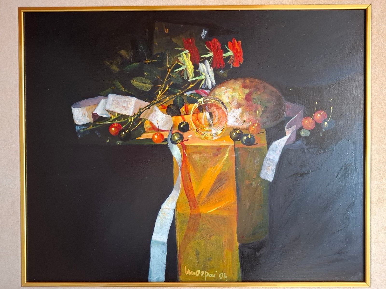 Modern stilleven met bloemen en fruit, gesigneerd, Ophalen, Stilleven, Ingelijst, Olieverf