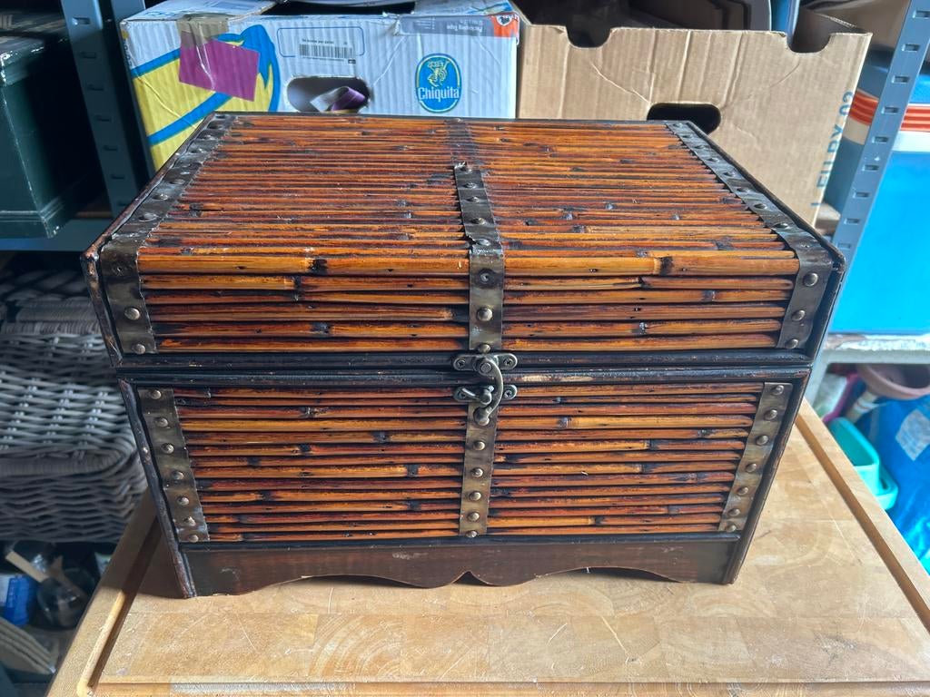 Vintage bamboe en houten kist - Decoratieve opberger, Ophalen