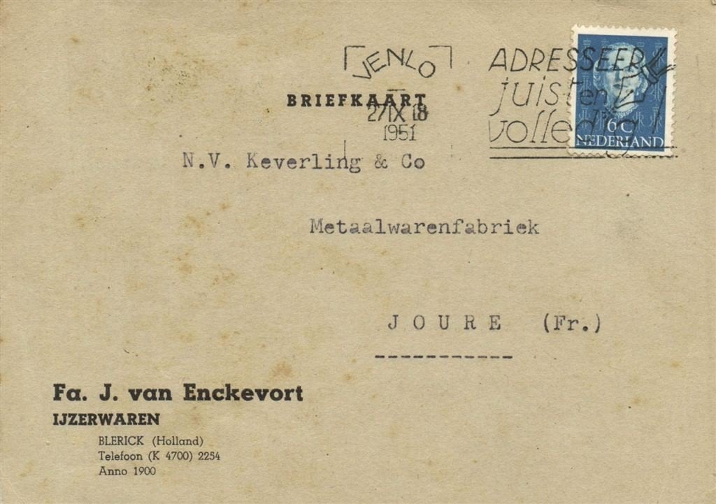 Fa. J. van Enckevort, IJzerwaren, Blerick - 09.1951 - briefk, Ophalen of Verzenden, Briefkaart