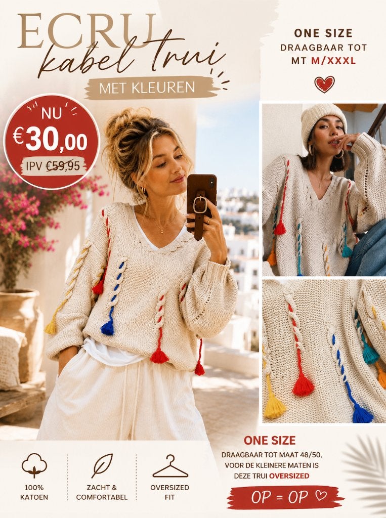 Ecru kabel trui met kleuren one size draagbaar tot mt 44, Ophalen of Verzenden, Nieuw, Maat 42/44 (L), Beige