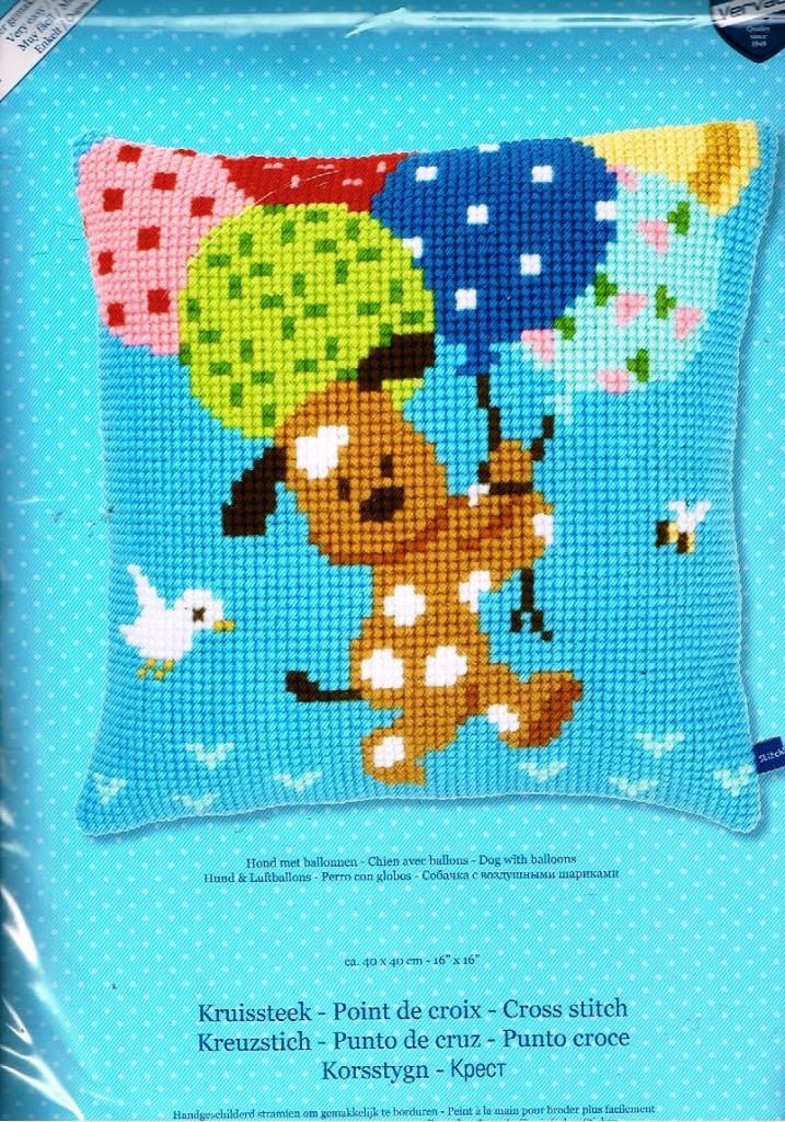 Cado vervaco borduurpakket kussen HOND met BALLONNEN, Ophalen of Verzenden, Nieuw, Handborduren, Borduurpakket