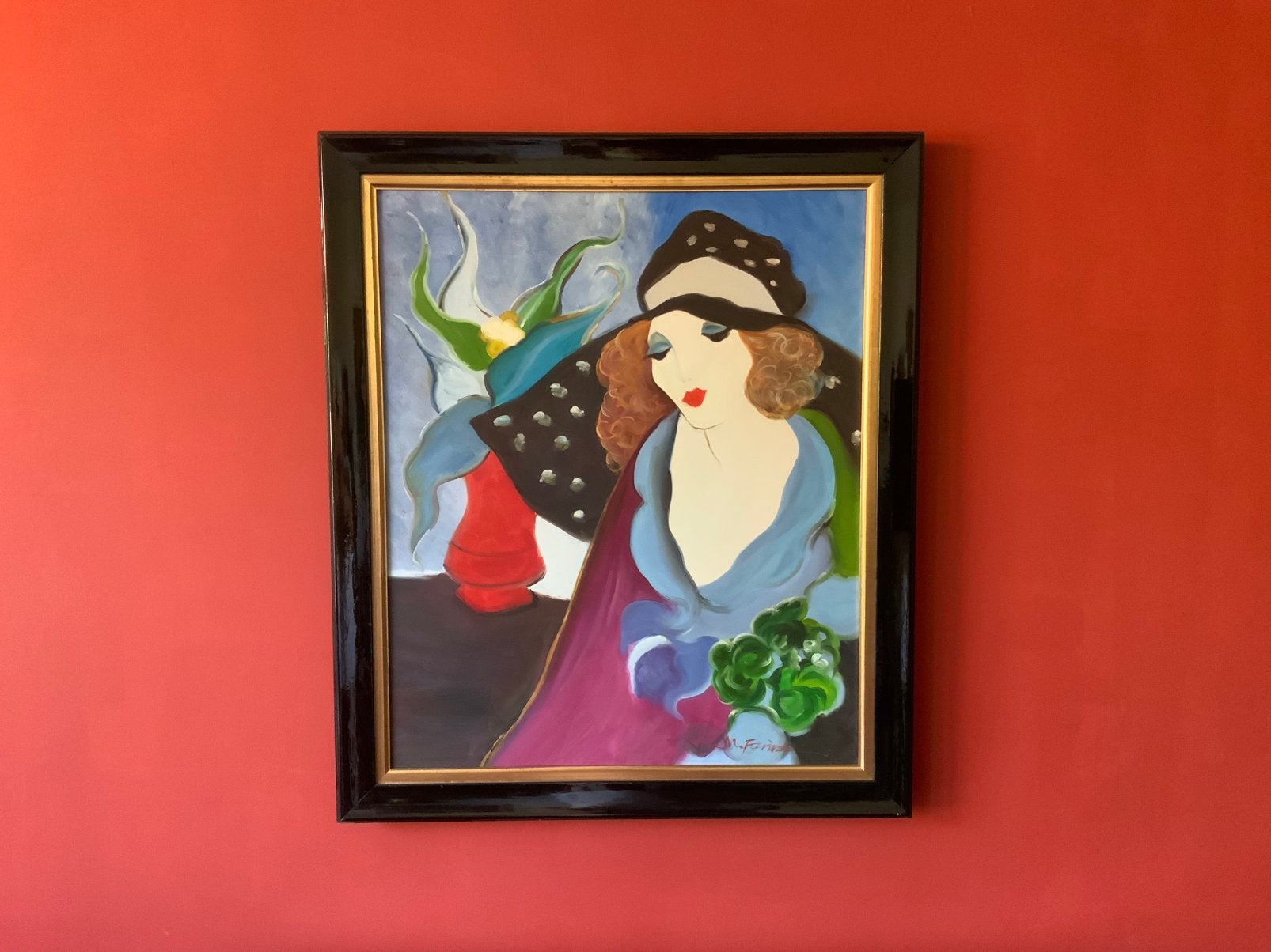 Kleurrijk schilderij van vrouw met hoed. 59/68 cm, Ophalen, Portret