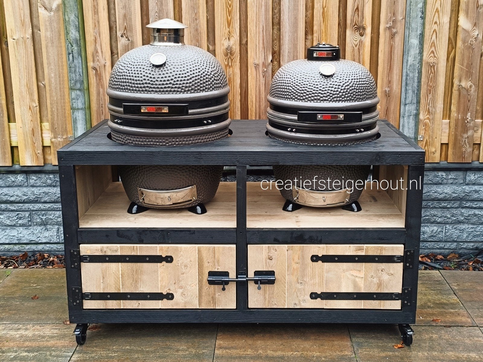 Barbecue meubel met wielen grill kamado steigerhout tuin bbq, Verzenden, Nieuw, Houtskool, Inbouw