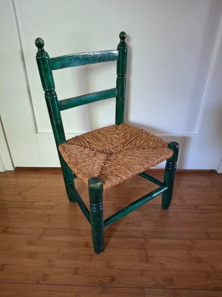 Groen houten kinderstoeltje met riet, Ophalen, Gebruikt, Stoel(en)