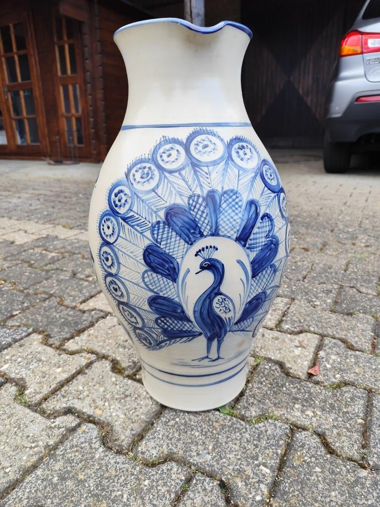 Delfts Blauwe Vaas/Krug met Pauwdecoratie, Antiek en Kunst, Ophalen of Verzenden