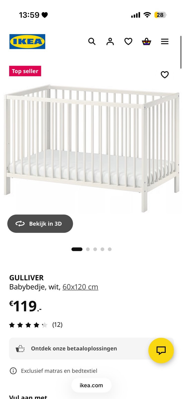 Ledikant 60x120 + matras + hoeslakens Zo goed als nieuw, Ophalen, Zo goed als nieuw, Ledikant