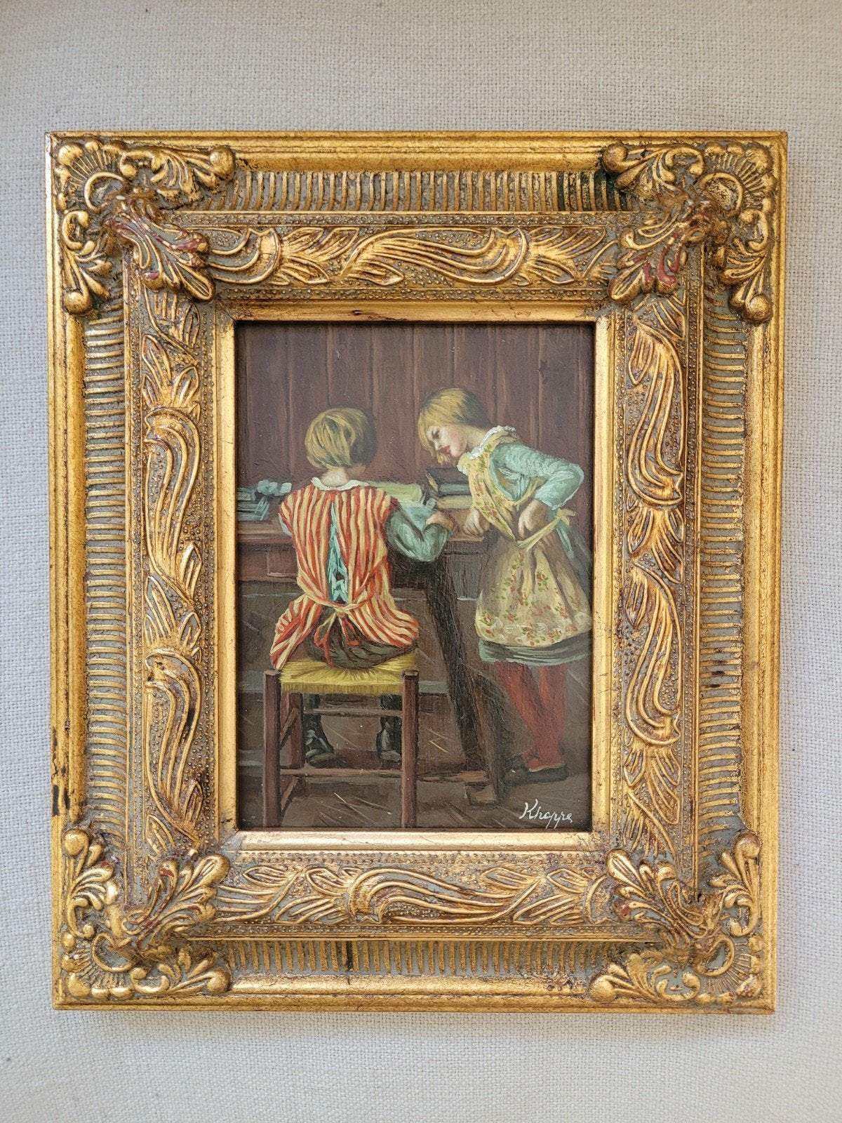 Paneeltje 'Het prentenboek' naar origineel v Fritz von Uhde, Paneel, Portret of Personen, Overige technieken, Ophalen of Verzenden