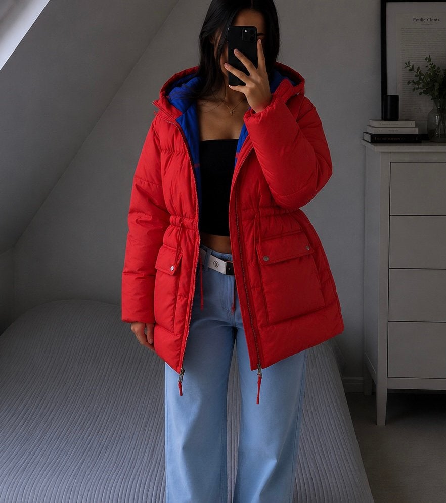 America Today rode puffer winterjas - Maat XS, Kleding | Dames, Jassen | Winter, Ophalen of Verzenden, Zo goed als nieuw, Maat 34 (XS) of kleiner