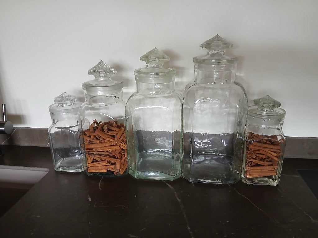 5 x Oude glazen voorraad pot / voorrraad potten, Antiek en Kunst, Curiosa en Brocante, Ophalen