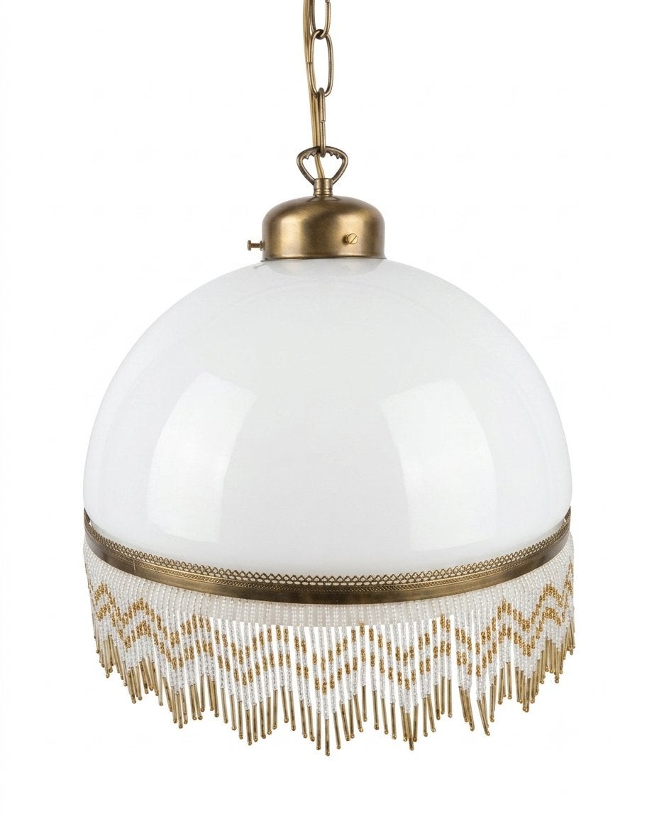 Prachtige Vintage Hanglamp Kralenfranje Opaalglas & Messing, Huis en Inrichting, Lampen | Hanglampen, Ophalen of Verzenden, Art Deco, vintage, brocante, Frans