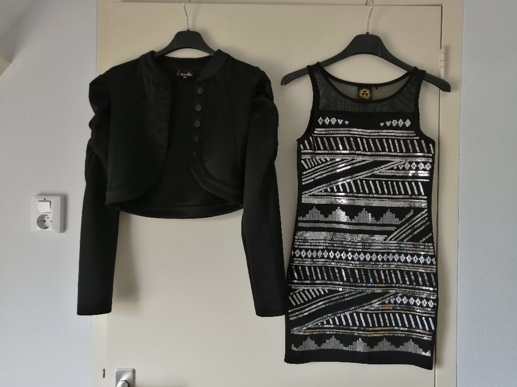 Jurk met Jasje - maat 146-152 en 14 - Zwart met Glitters, Kinderen en Baby's, Coolcat, Zo goed als nieuw, Jurk of Rok, Verzenden