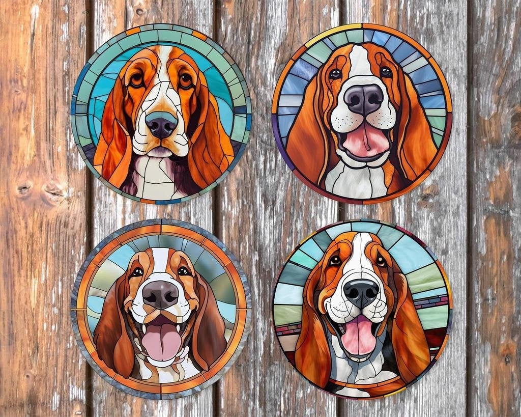 Basset Hound Glas in Lood onderzetters met houder rond, Ophalen of Verzenden, Nieuw