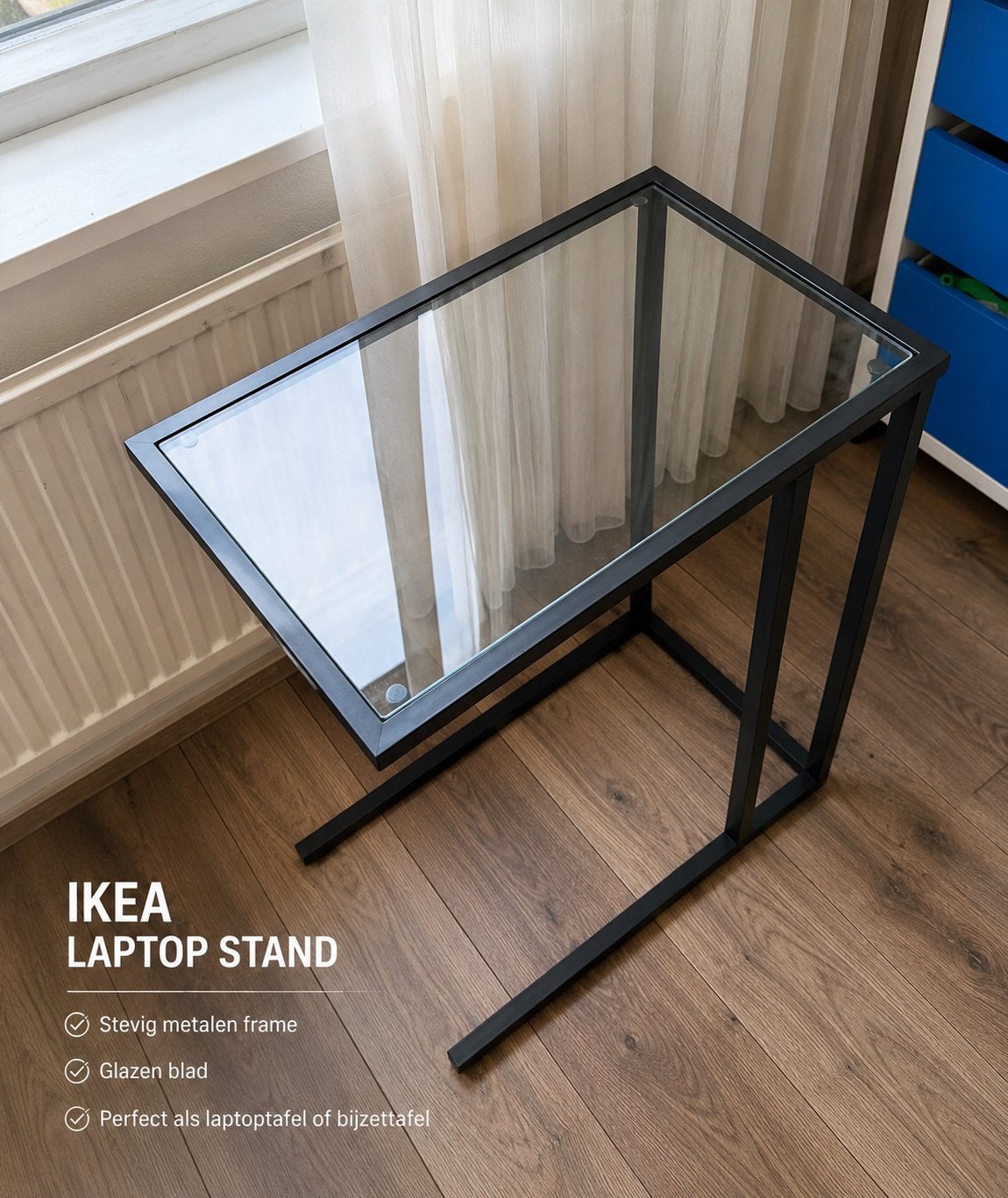IKEA VITTSJÖ bijzettafel – zwart met glas, Gebruikt, 55 tot 75 cm, Glas, Rechthoekig