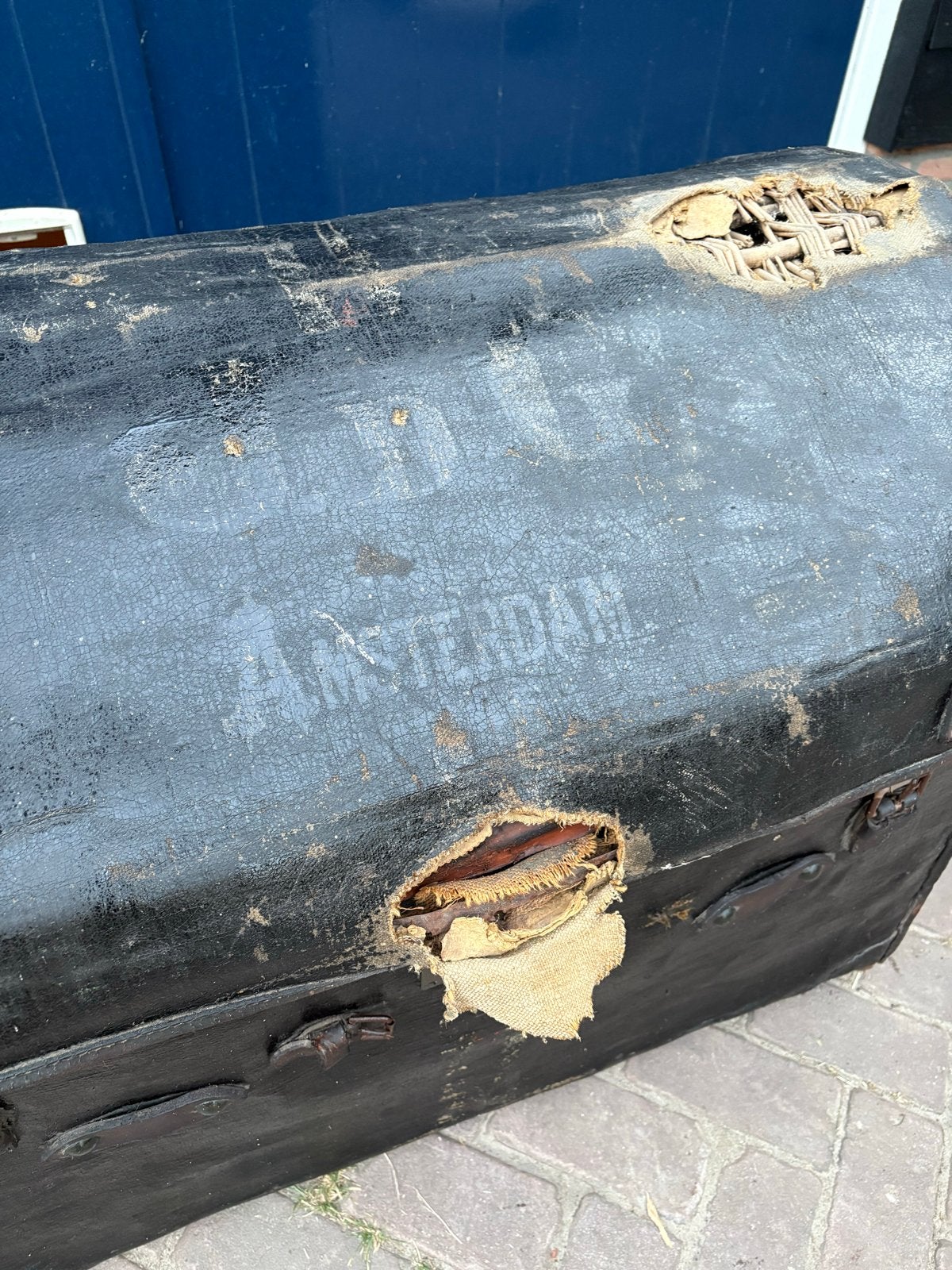 Antieke Hutkoffer - Riet, Canvas, Leer - J. d G. Amsterdam, Ophalen