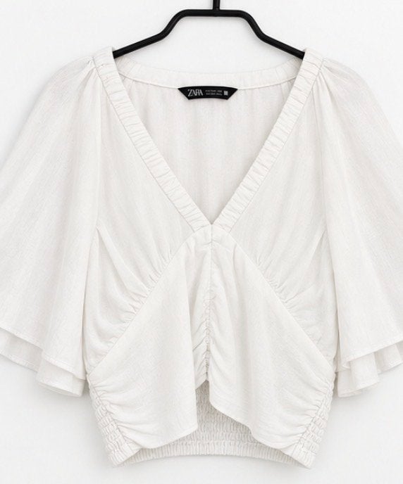 Zara witte blouse met V-hals en elastische taille, Kleding | Dames, Maat 38/40 (M), Verzenden, Wit, Zo goed als nieuw