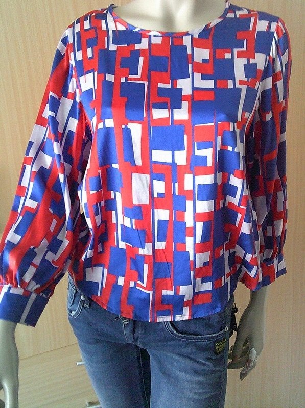 Caroline Biss Top rood/wit/blauw abstracte vormen 36, Lange mouw, Maat 36 (S), Gedragen, Caroline Biss