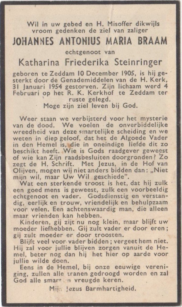 Johannes A.M. Braam 1905 Zeddam + 1954 Zeddam, 48 jaar, Ophalen of Verzenden