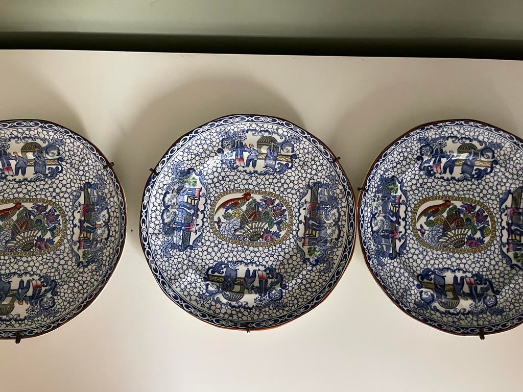 Set van 3 William Adams 'Chinese Bird' transferware borden, Ophalen