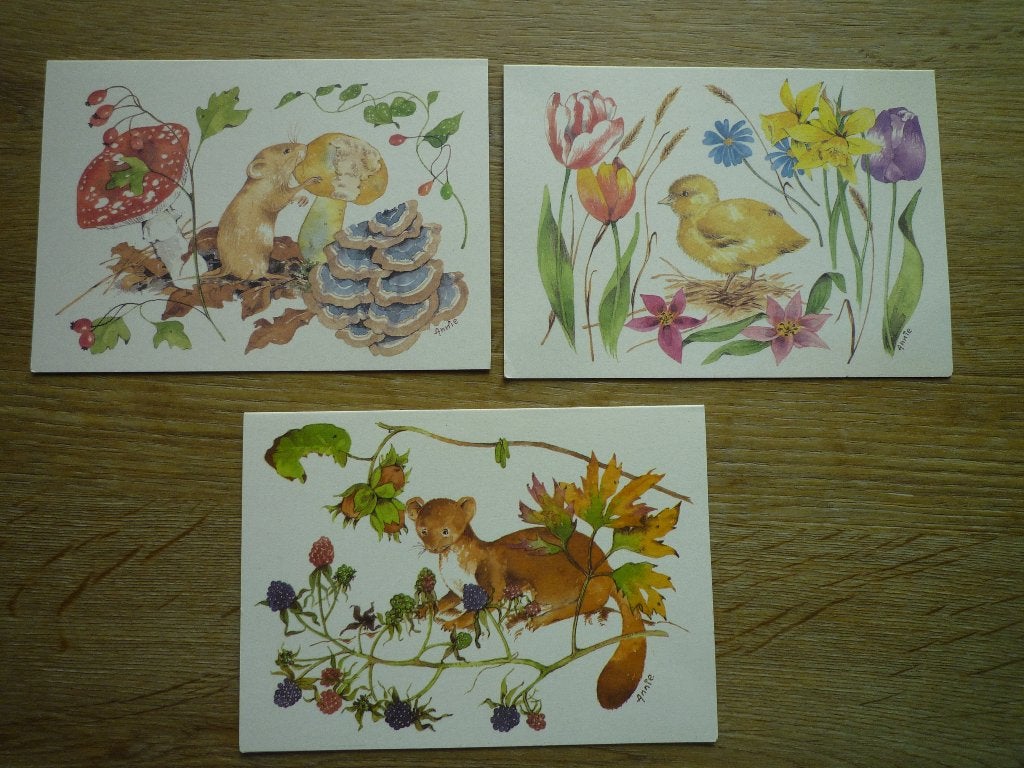 Wezel hermelijn kuiken muis paddestoel tulpen Annie Meussen, Verzamelen, Ophalen of Verzenden, Voor 1920, Hond of Kat