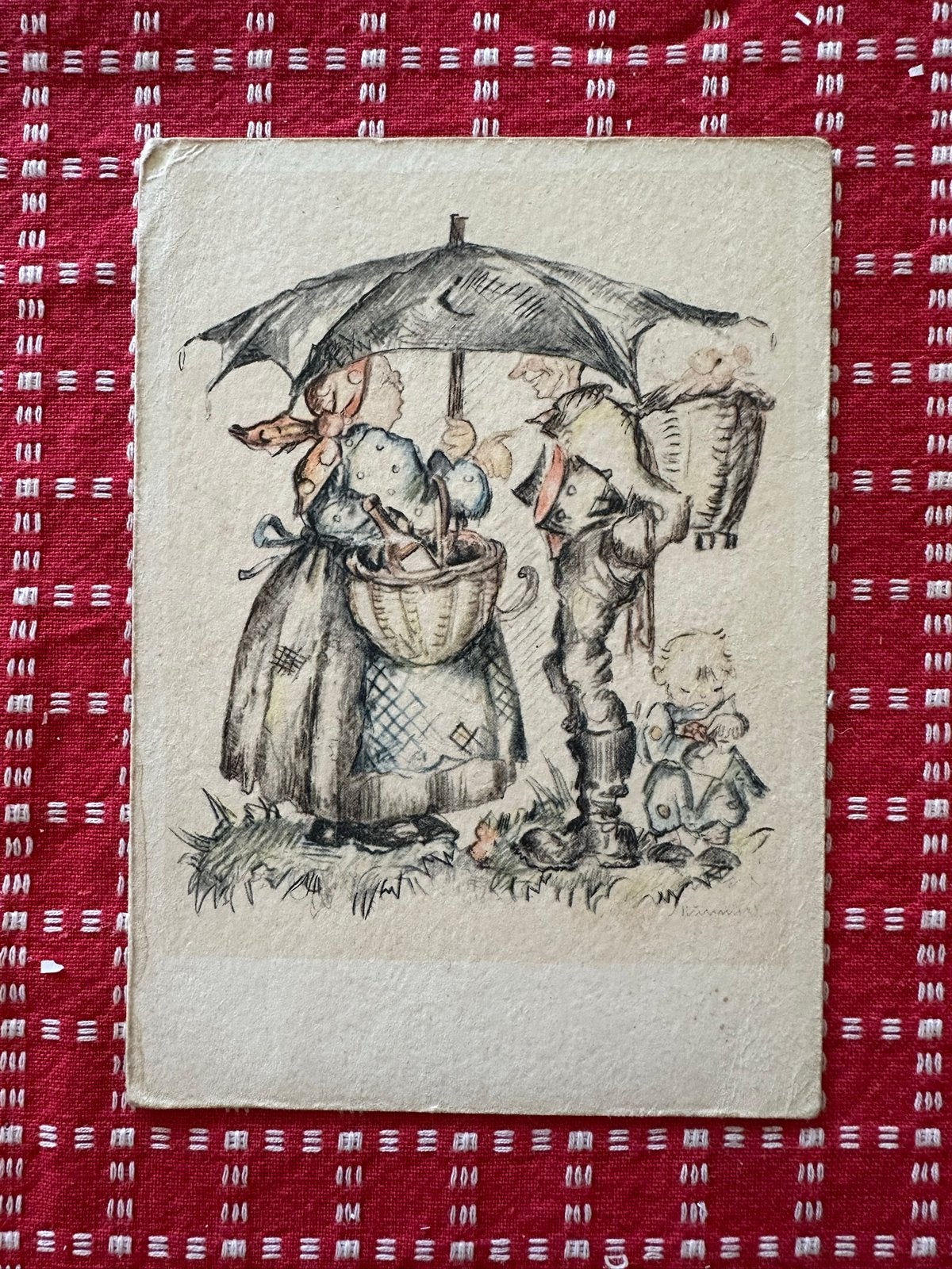 Vintage Hummel Ansichtkaart - 'Uberspanntes Gluck', Verzenden, 1940 tot 1960, Gelopen