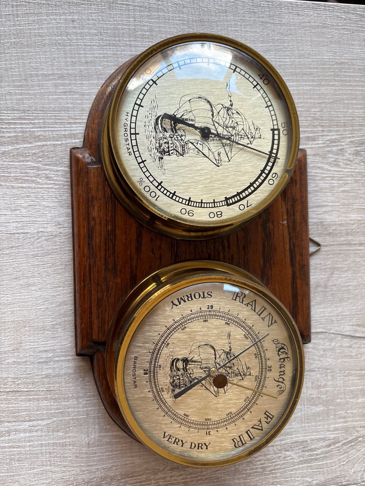 Vintage weerstation met barometer en hygrometer, Ophalen of Verzenden, Gebruikt, Weerstation