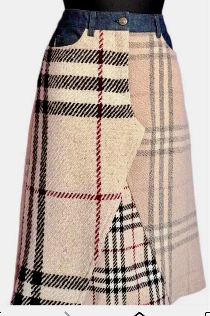 Vintage Burberry geruite rok met denim details, Maat 38/40 (M), Beige, Ophalen of Verzenden, Knielengte