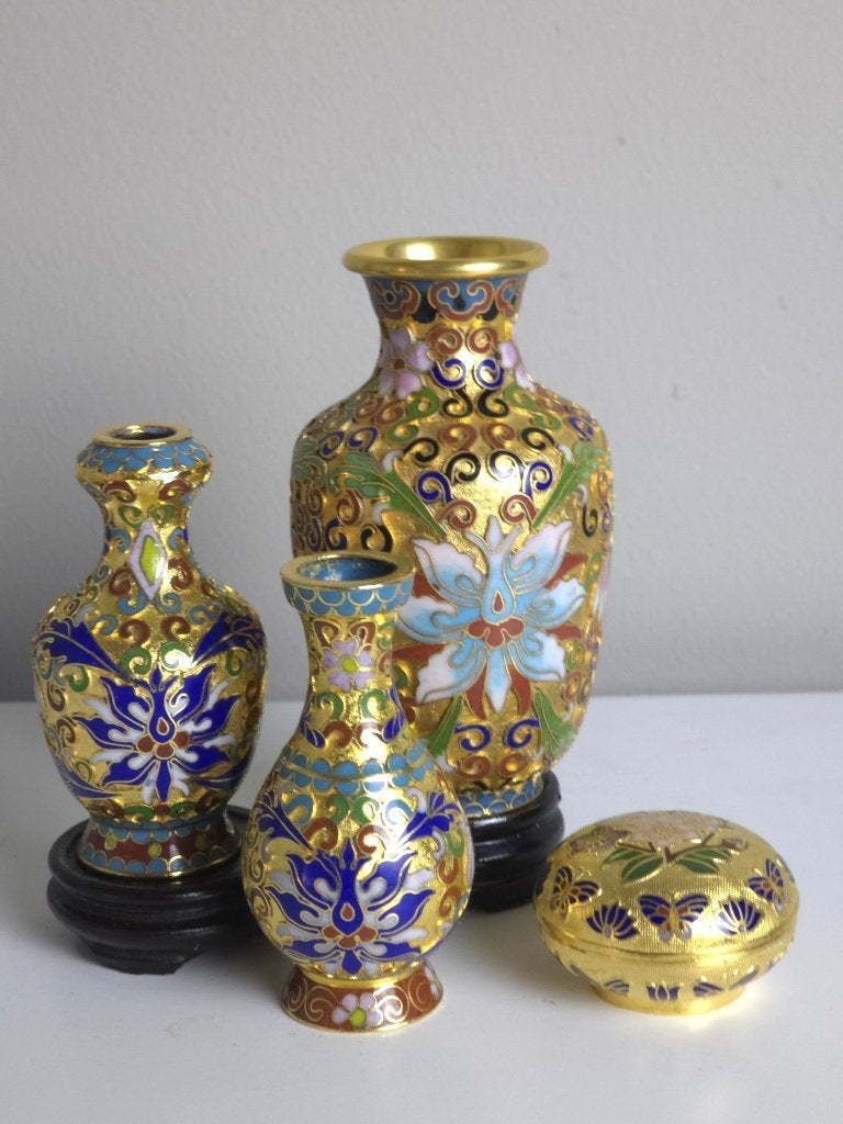 4-Delige Set Chinese Cloisonné Miniaturen – Vazen & Doosje, Antiek en Kunst, Ophalen of Verzenden